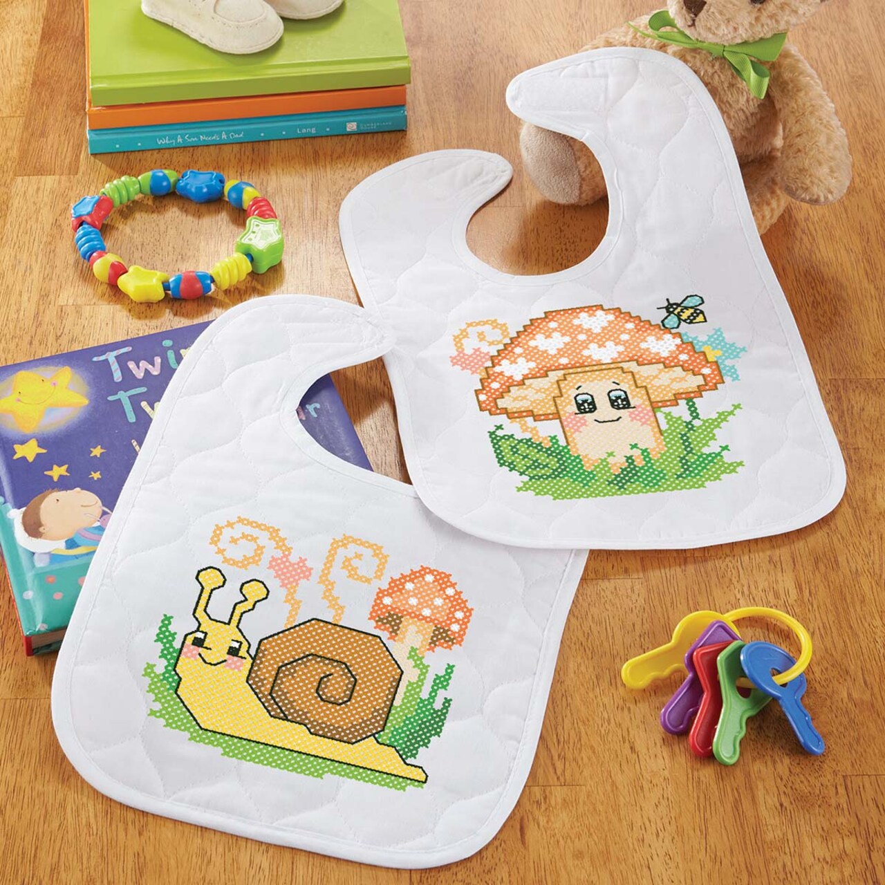 Baby by Herrschners Mushroom Cottage Bibs Stamped Cross-Stitch Kit